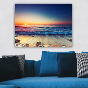 Canvastavla 70x100 cm - Solnedgång över havet med mjuka vågor som rullar in mot stranden - Blå / Orange / Rosa - Inredning - Tavlor & posters - Canvastavla