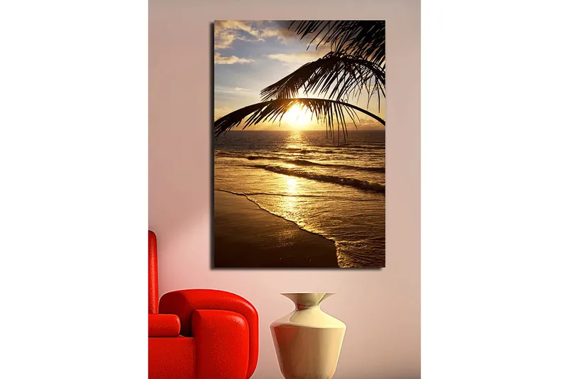 Canvastavla 70x100 cm - Solnedgång över havet med palmer i förgrunden - Guld / Orange / Brunt - Inredning - Tavlor & posters - Canvastavla