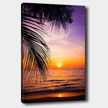 Canvastavla 70x100 cm - Solnedgång över havet med palmer i förgrunden - Lila / Orange / Gult - Inredning - Tavlor & posters - Canvastavla