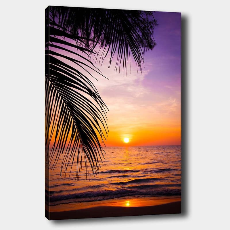Canvastavla 70x100 cm - Solnedgång över havet med palmer i förgrunden - Lila / Orange / Gult - Inredning - Tavlor & posters - Canvastavla