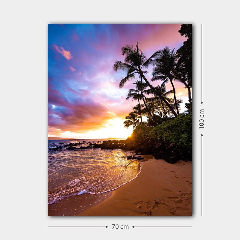Canvastavla 70x100 cm - Solnedgång vid stranden med palmer som ramas in av färgglada moln - Lila / Orange / Grön - Inredning - Tavlor & posters - Canvastavla