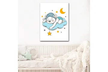 Canvastavla 70x100 cm - Sovande isbjörn som ligger på en moln med stjärnor och en måne runt omkring sig - Blå / Gul / Svart - Inredning - Tavlor & posters - Canvastavla