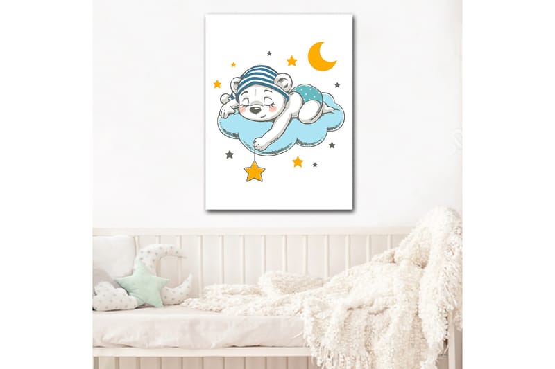 Canvastavla 70x100 cm - Sovande isbjörn som ligger på en moln med stjärnor och en måne runt omkring sig - Blå / Gul / Svart - Inredning - Tavlor & posters - Canvastavla