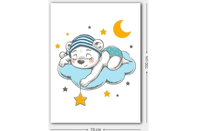 Canvastavla 70x100 cm - Sovande isbjörn som ligger på en moln med stjärnor och en måne runt omkring sig - Blå / Gul / Svart - Inredning - Tavlor & posters - Canvastavla