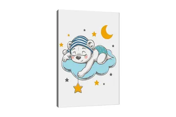 Canvastavla 70x100 cm - Sovande isbjörn som ligger på en moln med stjärnor och en måne runt omkring sig - Blå / Gul / Svart - Inredning - Tavlor & posters - Canvastavla