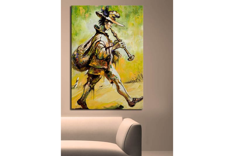 Canvastavla 70x100 cm - Spelman som går framåt med en säck på ryggen och spelar på sin flöjt - Grön / Gul / Brun - Inredning - Tavlor & posters - Canvastavla