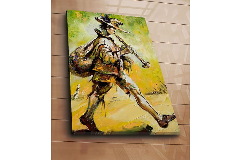 Canvastavla 70x100 cm - Spelman som går framåt med en säck på ryggen och spelar på sin flöjt - Grön / Gul / Brun - Inredning - Tavlor & posters - Canvastavla