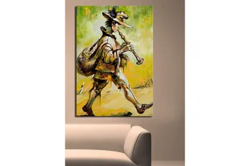 Canvastavla 70x100 cm - Spelman som går framåt med en säck på ryggen och spelar på sin flöjt - Grön / Gul / Brun - Inredning - Tavlor & posters - Canvastavla
