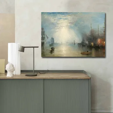 Canvastavla 70x100 cm - Stämningsfull hamnscen med segelbåtar och skepp under en dramatisk himmel - Blå / Grå / Beige - Inredning - Tavlor & posters - Canvastavla