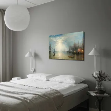 Canvastavla 70x100 cm - Stämningsfull hamnscen med segelbåtar och skepp under en dramatisk himmel - Blå / Grå / Beige - Inredning - Tavlor & posters - Canvastavla
