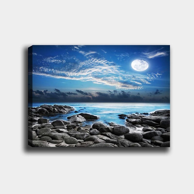 Canvastavla 70x100 cm - Stämningsfull naturscen med en måne som lyser över en klippig strand och stilla hav, Blå / Grå / Vit