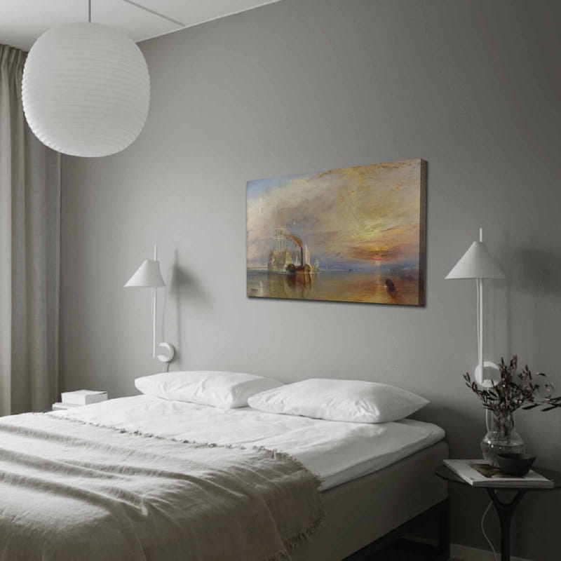 Canvastavla 70x100 cm - Stämningsfull sjöscen med ångbåtar som seglar under en färgsprakande himmel, Blå / Orange / Grå