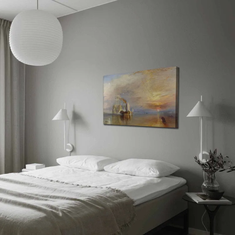 Canvastavla 70x100 cm - Stämningsfull sjöscen med ångbåtar som seglar under en färgsprakande himmel, Blå / Orange / Grå