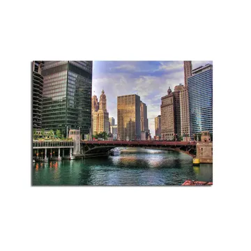 Canvastavla 70x100 cm - Stadssilhuett med moderna skyskrapor och en bro över en vattenväg - Blå / Grön / Beige - Inredning - Tavlor & posters - Canvastavla