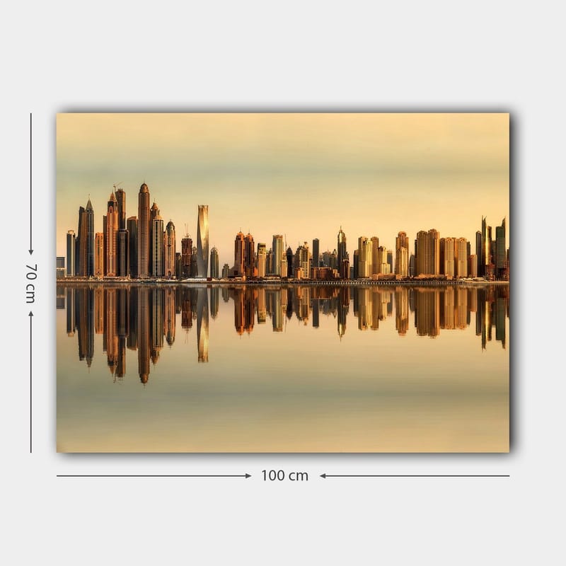 Canvastavla 70x100 cm - Stadssilhuett med moderna skyskrapor som speglas i vattnet vid solnedgången - Guld / Orange / Beige - Inredning - Tavlor & posters - Canvastavla