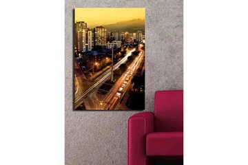 Canvastavla 70x100 cm - Stadssilhuett vid skymning med ljus från byggnader och trafik - Guld / Mörkblå / Vit - Inredning - Tavlor & posters - Canvastavla