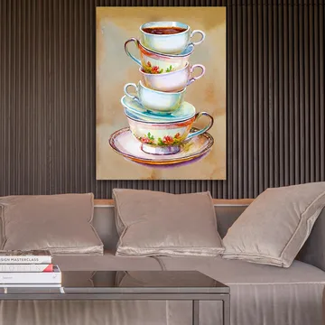 Canvastavla 70x100 cm - Stapel färgglada tekoppar med en skål i botten - Blå / Rosa / Beige - Inredning - Tavlor & posters - Canvastavla