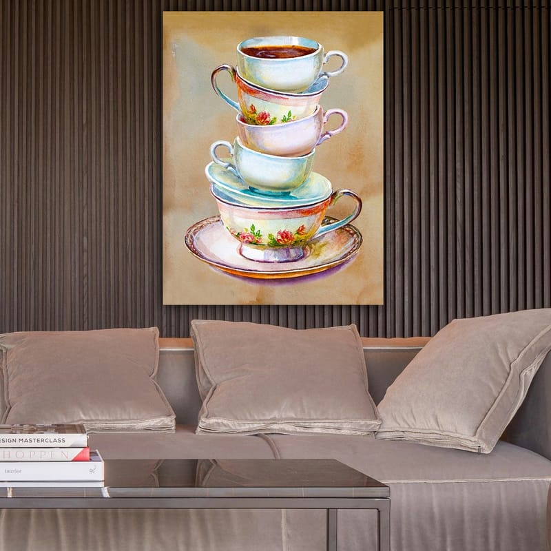 Canvastavla 70x100 cm - Stapel färgglada tekoppar med en skål i botten - Blå / Rosa / Beige - Inredning - Tavlor & posters - Canvastavla