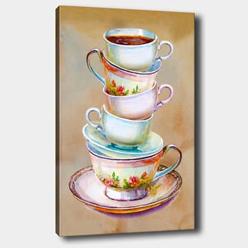 Canvastavla 70x100 cm - Stapel färgglada tekoppar med en skål i botten - Blå / Rosa / Beige - Inredning - Tavlor & posters - Canvastavla