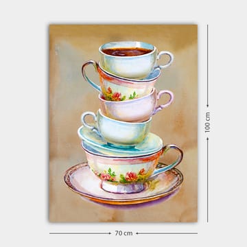 Canvastavla 70x100 cm - Stapel färgglada tekoppar med en skål i botten - Blå / Rosa / Beige - Inredning - Tavlor & posters - Canvastavla