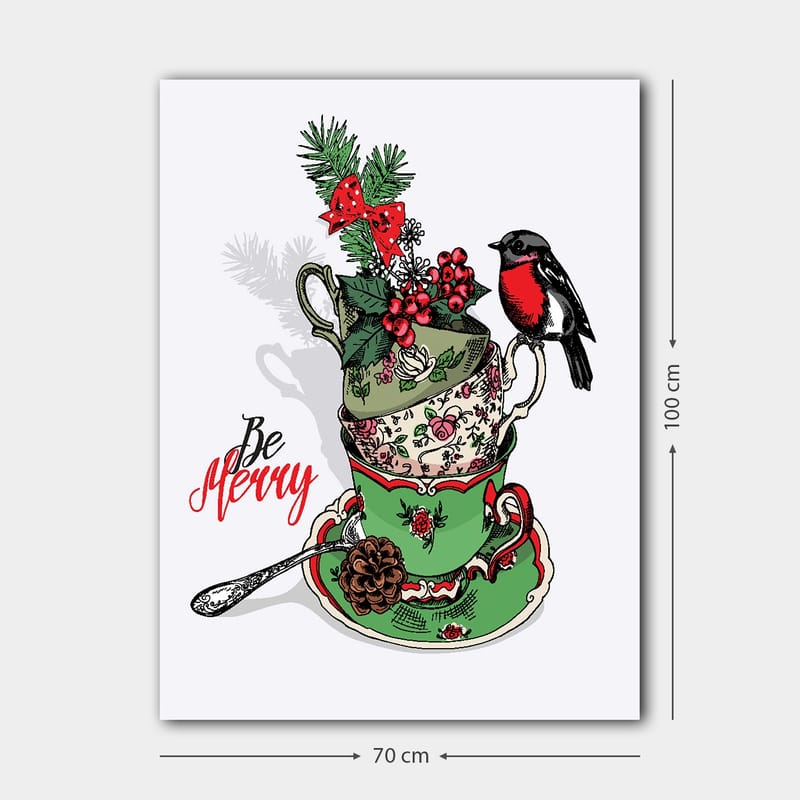 Canvastavla 70x100 cm - Stapel med dekorerade tekoppar prydda med juliga inslag och en fågel - Grön / Röd / Svart - Inredning - Tavlor & posters - Canvastavla