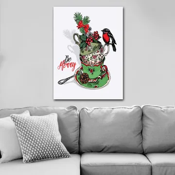 Canvastavla 70x100 cm - Stapel med dekorerade tekoppar prydda med juliga inslag och en fågel - Grön / Röd / Svart - Inredning - Tavlor & posters - Canvastavla