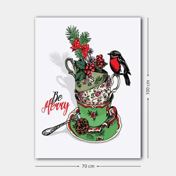 Canvastavla 70x100 cm - Stapel med dekorerade tekoppar prydda med juliga inslag och en fågel - Grön / Röd / Svart - Inredning - Tavlor & posters - Canvastavla
