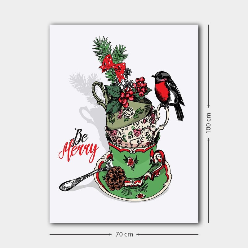 Canvastavla 70x100 cm - Stapel med dekorerade tekoppar prydda med juliga inslag och en fågel - Grön / Röd / Svart - Inredning - Tavlor & posters - Canvastavla