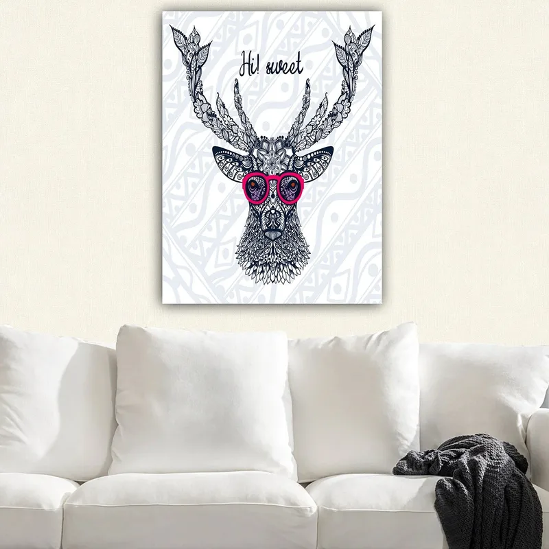 Canvastavla 70x100 cm - Stiliserad älg med glasögon och dekorativa detaljer, Mörkblå / Rosa