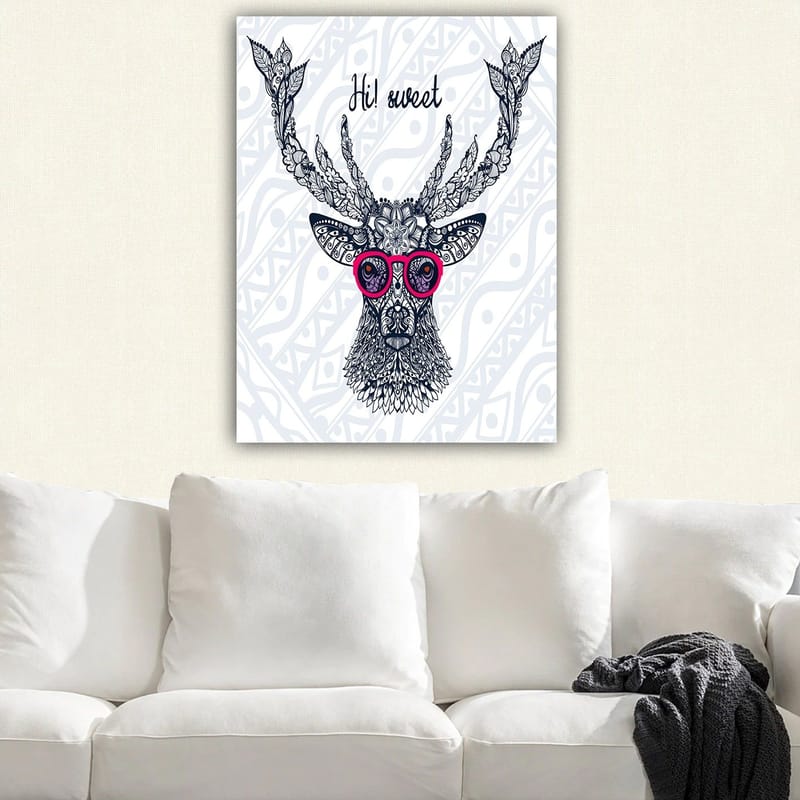 Canvastavla 70x100 cm - Stiliserad älg med glasögon och dekorativa detaljer, Mörkblå / Rosa