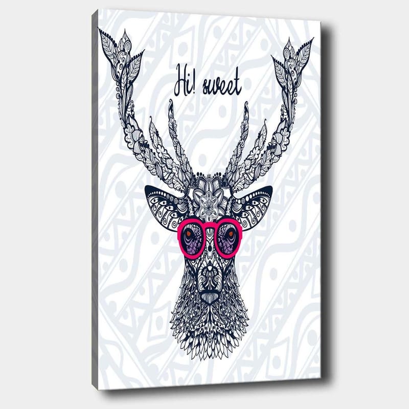 Canvastavla 70x100 cm - Stiliserad älg med glasögon och dekorativa detaljer - Mörkblå / Rosa - Inredning - Tavlor & posters - Canvastavla