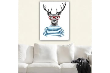 Canvastavla 70x100 cm - Stiliserad älg med glasögon och randig tröja - Svart / Röd / Blå - Inredning - Tavlor & posters - Canvastavla