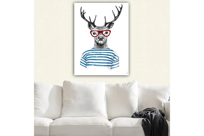 Canvastavla 70x100 cm - Stiliserad älg med glasögon och randig tröja - Svart / Röd / Blå - Inredning - Tavlor & posters - Canvastavla