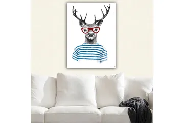 Canvastavla 70x100 cm - Stiliserad älg med glasögon och randig tröja - Svart / Röd / Blå - Inredning - Tavlor & posters - Canvastavla