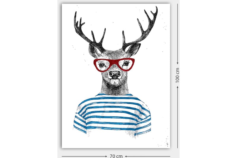 Canvastavla 70x100 cm - Stiliserad älg med glasögon och randig tröja - Svart / Röd / Blå - Inredning - Tavlor & posters - Canvastavla