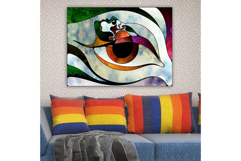 Canvastavla 70x100 cm - Stiliserad ögonform med färgglada inslag som skapar en hypnotisk effekt - Grön / Brun / Vit - Inredning - Tavlor & posters - Canvastavla