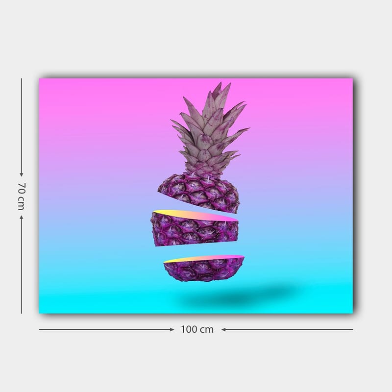Canvastavla 70x100 cm - Stiliserad ananas som är skuren i tre delar med en färgglad bakgrund - Lila / Gul / Turkos - Inredning - Tavlor & posters - Canvastavla