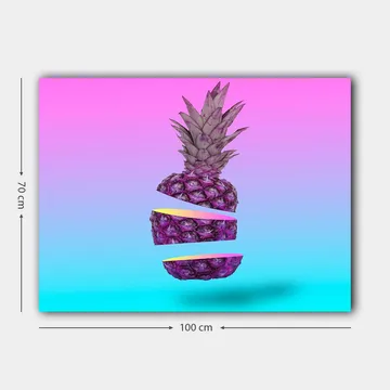 Canvastavla 70x100 cm - Stiliserad ananas som är skuren i tre delar med en färgglad bakgrund - Lila / Gul / Turkos - Inredning - Tavlor & posters - Canvastavla