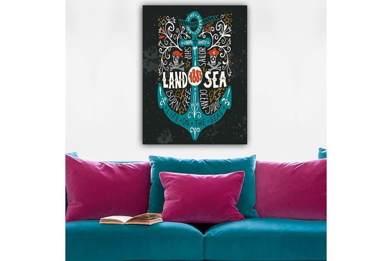 Canvastavla 70x100 cm - Stiliserad ankare med inslag av piratmotiv och text som framhäver temat Land & Hav, Turkos / Vit / Svart