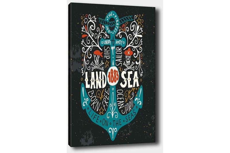 Canvastavla 70x100 cm - Stiliserad ankare med inslag av piratmotiv och text som framhäver temat Land & Hav - Turkos / Vit / Svart - Inredning - Tavlor & posters - Canvastavla