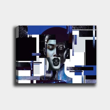 Canvastavla 70x100 cm - Stiliserad ansiktsbild med geometriska former och kontrasterande färger som skapar en modern och futuristisk känsla - Mörkblå / Svart / Vit - Inredning - Tavlor & posters - Canvastavla