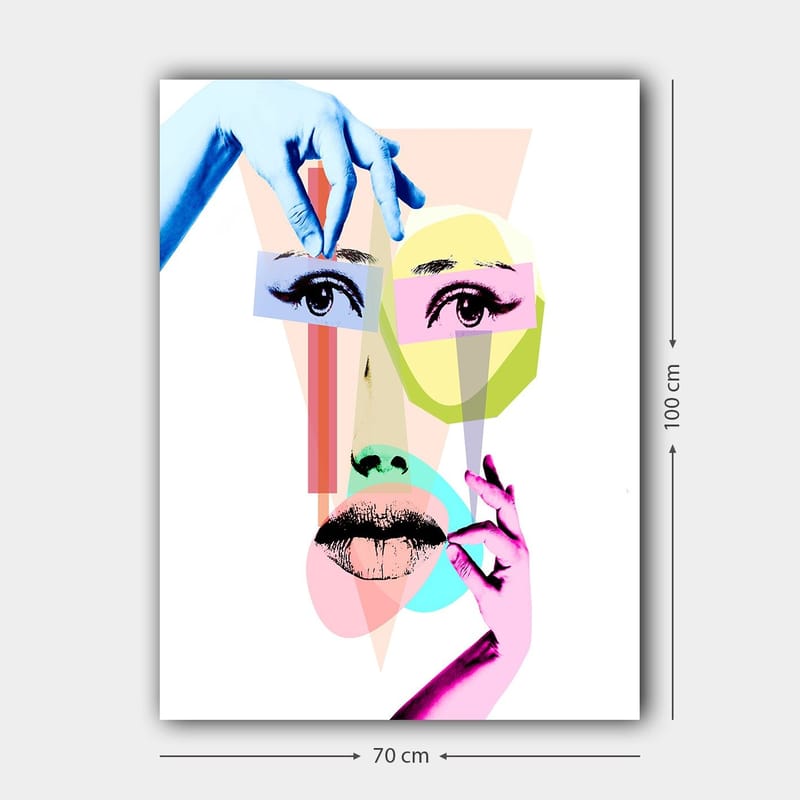 Canvastavla 70x100 cm - Stiliserad ansiktskomposition med geometriska former och händer som interagerar med ansiktet - Blå / Rosa / Grön - Inredning - Tavlor & posters - Canvastavla