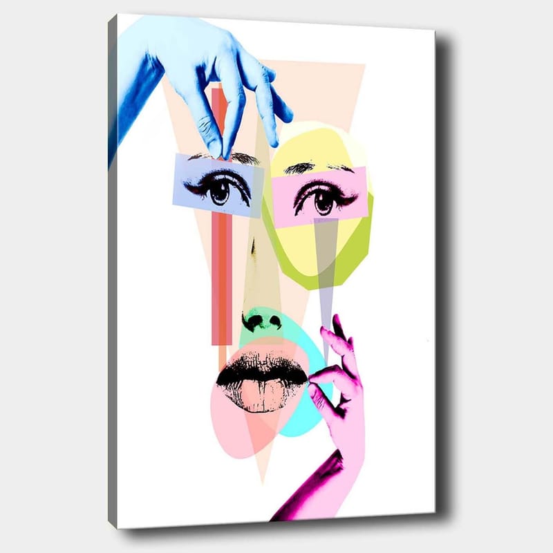 Canvastavla 70x100 cm - Stiliserad ansiktskomposition med geometriska former och händer som interagerar med ansiktet, Blå / Rosa / Grön