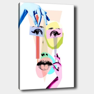 Canvastavla 70x100 cm - Stiliserad ansiktskomposition med geometriska former och händer som interagerar med ansiktet - Blå / Rosa / Grön - Inredning - Tavlor & posters - Canvastavla