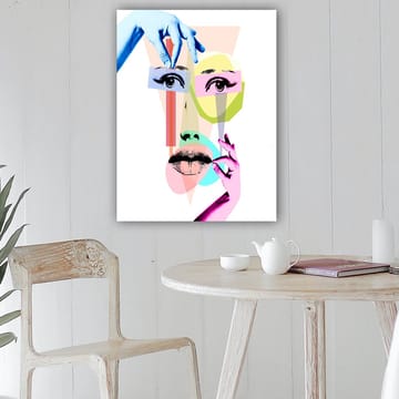 Canvastavla 70x100 cm - Stiliserad ansiktskomposition med geometriska former och händer som interagerar med ansiktet - Blå / Rosa / Grön - Inredning - Tavlor & posters - Canvastavla