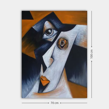 Canvastavla 70x100 cm - Stiliserad ansiktsporträtt med kontrasterande former och uttryck - Svart / Vit / Orange - Inredning - Tavlor & posters - Canvastavla