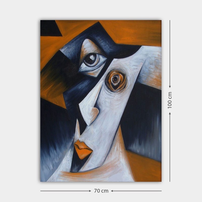 Canvastavla 70x100 cm - Stiliserad ansiktsporträtt med kontrasterande former och uttryck - Svart / Vit / Orange - Inredning - Tavlor & posters - Canvastavla