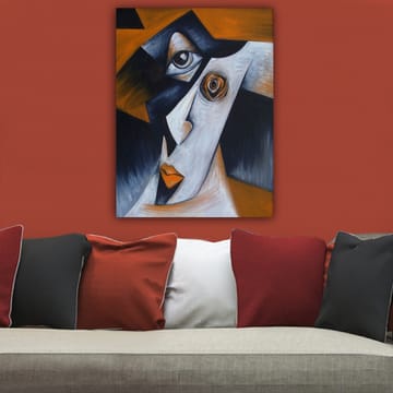 Canvastavla 70x100 cm - Stiliserad ansiktsporträtt med kontrasterande former och uttryck - Svart / Vit / Orange - Inredning - Tavlor & posters - Canvastavla