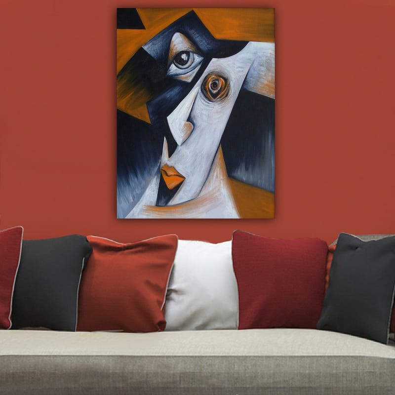 Canvastavla 70x100 cm - Stiliserad ansiktsporträtt med kontrasterande former och uttryck - Svart / Vit / Orange - Inredning - Tavlor & posters - Canvastavla