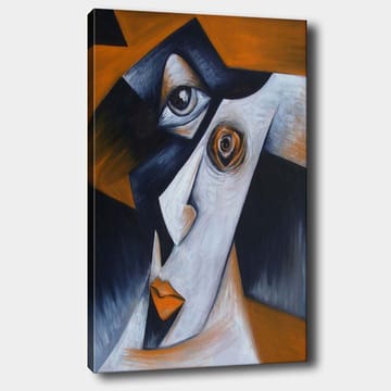 Canvastavla 70x100 cm - Stiliserad ansiktsporträtt med kontrasterande former och uttryck - Svart / Vit / Orange - Inredning - Tavlor & posters - Canvastavla